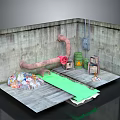 Industrial Indoor Space With Concrete Walls Pink Pipes Trash Bags Green Mat And Warning Barrels