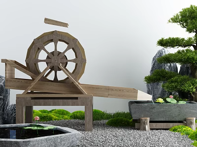 Karesansui Garden with Wooden Water Wheel Small Pond Green Plants and Gravel Ground 3d model