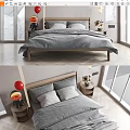 Modern Double Bed In Bedroom Interior With Wooden Frame Gray Bedding And Side Tables