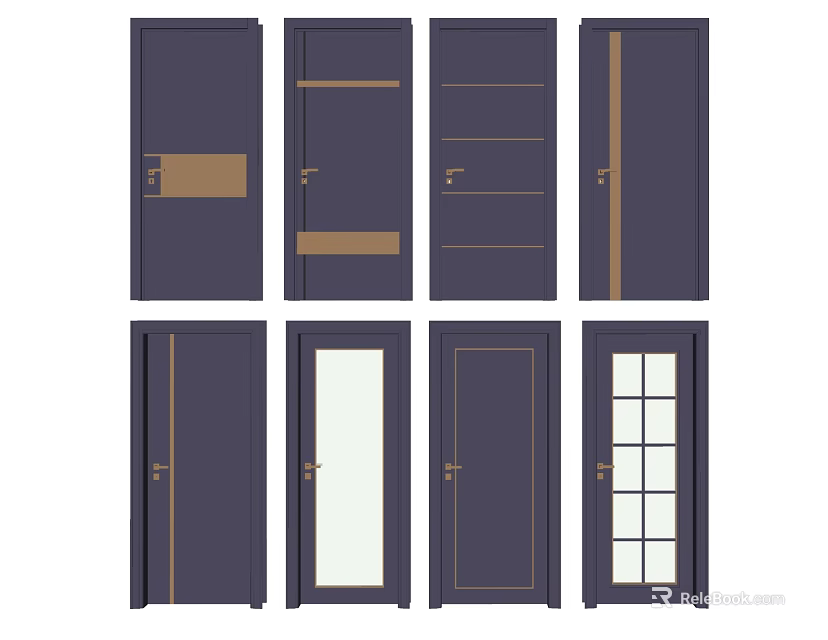 Various Modern Hinged Door Designs with Glass Panels and Decorative Strips 3d model