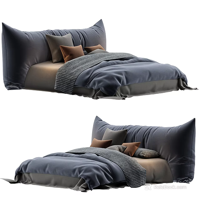 Cozy Double Bed With Soft Navy Blue Bedding And Multiple Gray Brown Pillows 3d model