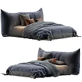Cozy Double Bed With Soft Navy Blue Bedding And Multiple Gray Brown Pillows 3d model