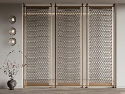 Modern Room Divider With Metal Frame Geometric Mesh In Interior With Decorative Vase Wall Lights 3d model
