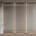 Modern Room Divider With Metal Frame Geometric Mesh In Interior With Decorative Vase Wall Lights