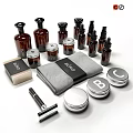 Daily Washing Essentials with Brown Bottles Small Jars Gray Towel Shaving Brush and Metal Lids