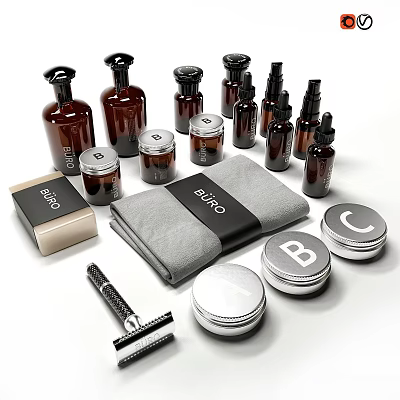 Daily Washing Essentials with Brown Bottles Small Jars Gray Towel Shaving Brush and Metal Lids 3d model
