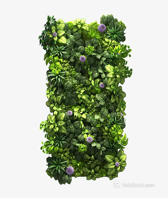 Living Plant Wall with Dense Green Foliage and Purple Flowers for Modern Interior Decorative Backdrop 3d model 