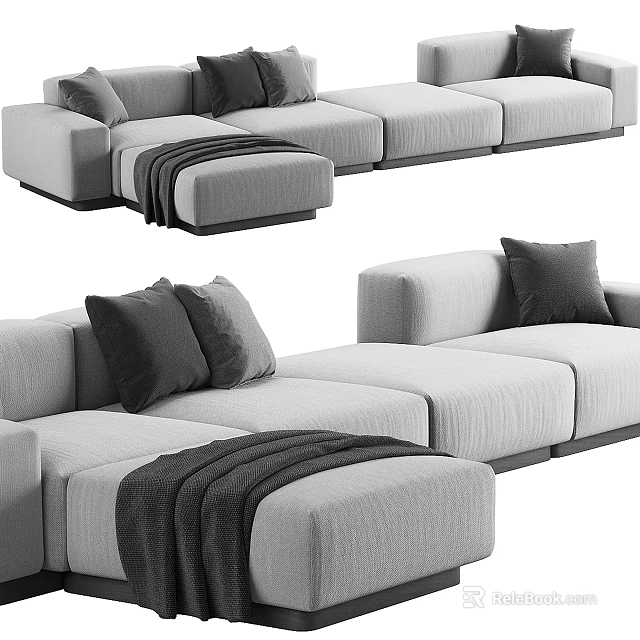 Modern Minimalist Light Gray Upholstered Sectional Sofa With Dark Gray Pillows Ottoman And Throw Blanket 3d model 
