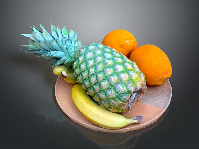 Fresh Pineapple Oranges And Banana On Wooden Plate For Healthy Fruit Snack 3d model