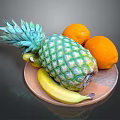 Fresh Pineapple Oranges And Banana On Wooden Plate For Healthy Fruit Snack