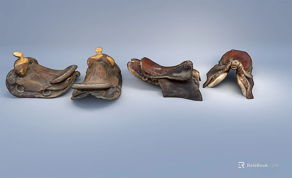 Vintage Equestrian Sports Equipment Featuring Four Leather Saddles with Traditional Design 3d model 