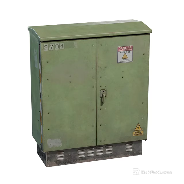 Green Industrial Electrical Control Cabinet With Numbered 2704 And Warning Signs 3d model 