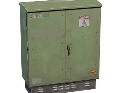 Green Industrial Electrical Control Cabinet With Numbered 2704 And Warning Signs 3d model