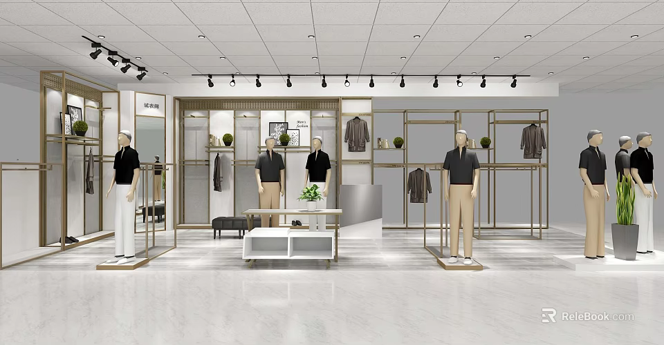 Modern Clothing Store Interior With Mannequins Clothing Racks And Green Plants 3d model 