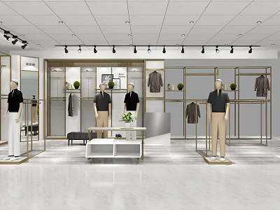 Modern Clothing Store Interior With Mannequins Clothing Racks And Green Plants 3d model