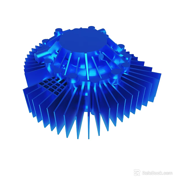 Blue Metal Heat Sink With Cooling Fins And Circular Top Structure 3d model 