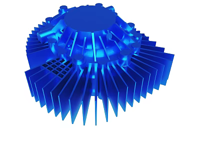 Blue Metal Heat Sink With Cooling Fins And Circular Top Structure 3d model