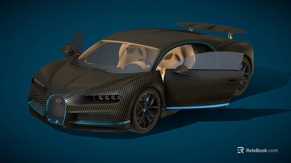 Carbon Fiber Super Car With Open Scissor Doors Blue Accents And Leather Seats 3d model 