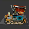 Cute Mini Kitchen Scene Components With Blue Stove Red Pot Chimney Stool Bottle And Cup