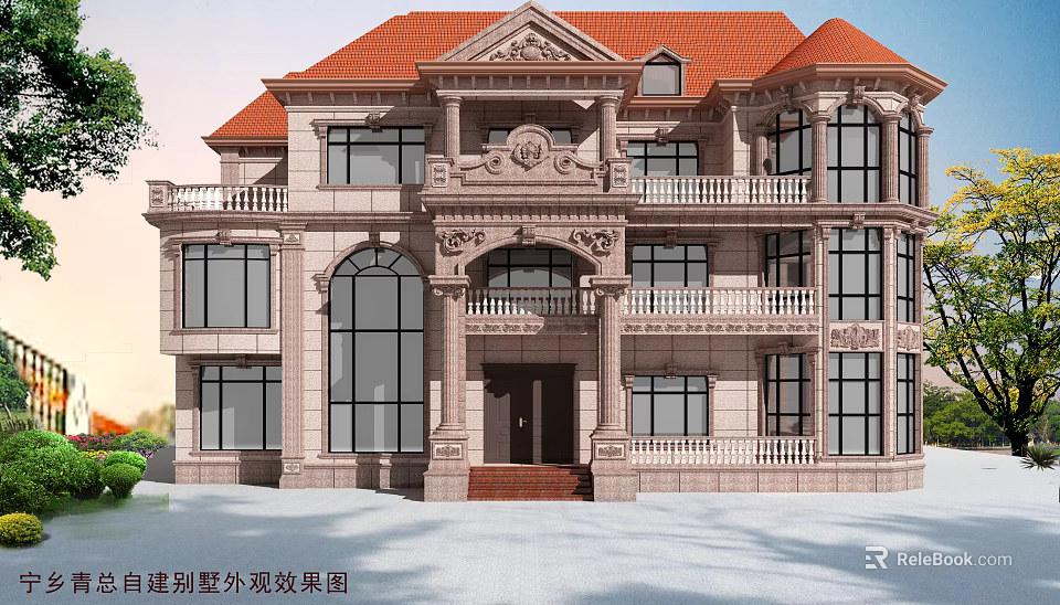 Classic Detached Villa Exterior Architecture With Red Tile Roof And Stone Facade Design 3d model 