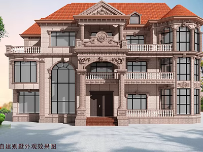 Classic Detached Villa Exterior Architecture With Red Tile Roof And Stone Facade Design 3d model