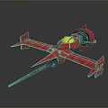Red Mechanical Device Featuring Yellow Components Wing Like Structures And Long Rod On Black Background 3d model