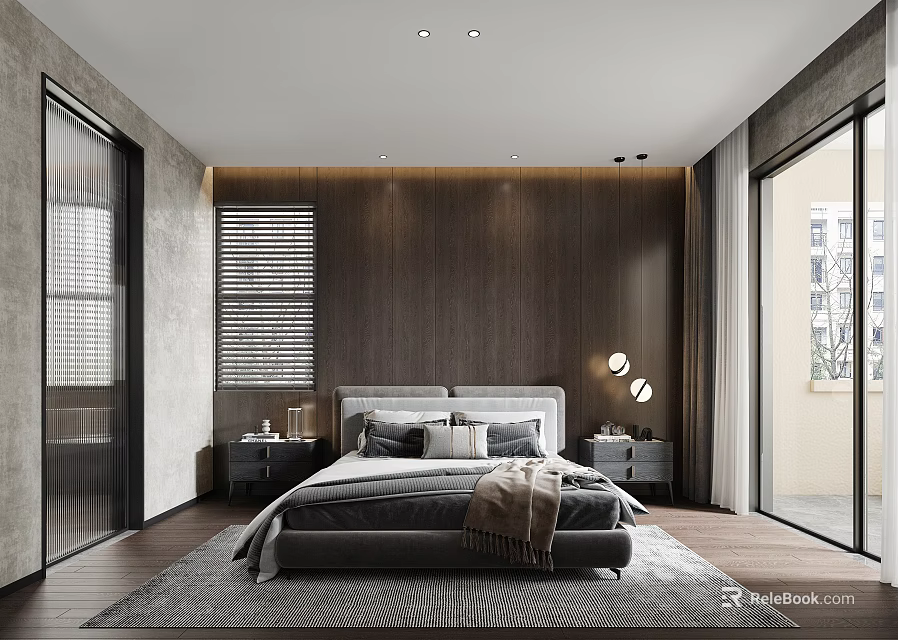 Modern Bedroom Interior With Wooden Accent Wall Bed Nightstands Blinds And Floor to Ceiling Windows 3d model 