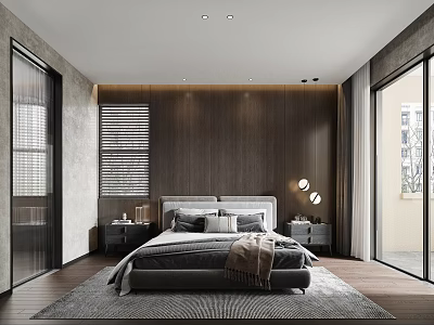 Modern Bedroom Interior With Wooden Accent Wall Bed Nightstands Blinds And Floor to Ceiling Windows 3d model