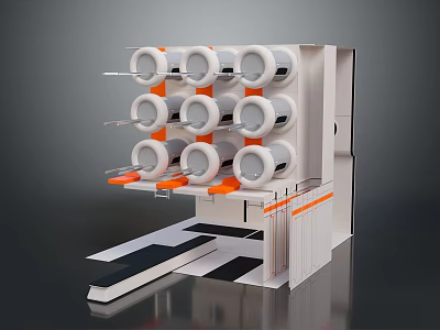 Industrial Machine With Multiple White Circular Rollers Orange Brackets And Black Platform 3d model