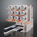 Industrial Machine With Multiple White Circular Rollers Orange Brackets And Black Platform