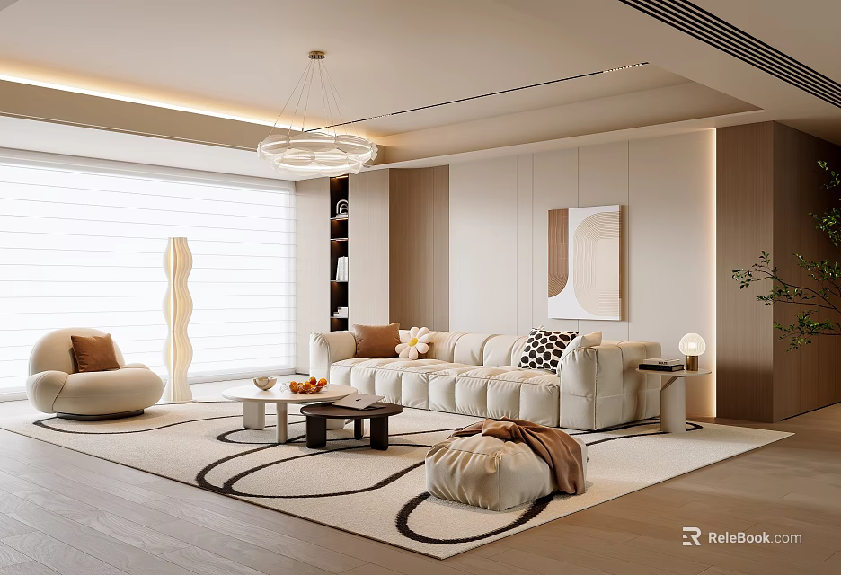 Modern Living Room Interior Design With Cream Sofa Coffee Table Circular Rug And Chandelier 3d model 