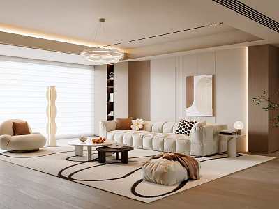 Modern Living Room Interior Design With Cream Sofa Coffee Table Circular Rug And Chandelier 3d model