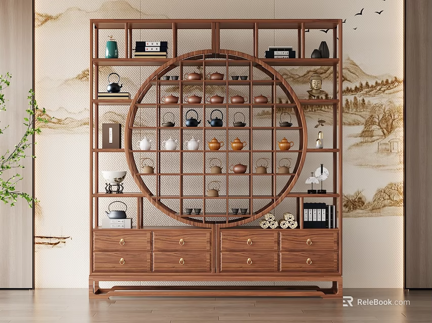 Traditional Wooden Chinese Display Cabinet With Circular Design And Tea Sets On Landscape Painting Backdrop 3d model 