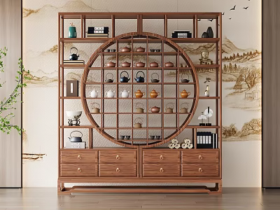 Traditional Wooden Chinese Display Cabinet With Circular Design And Tea Sets On Landscape Painting Backdrop 3d model