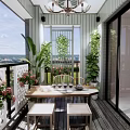 Modern Home Balcony Design With Wooden Floor Green Plants Table Chairs And Chandelier