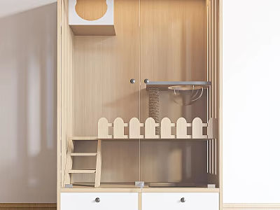 Wooden Cat Furniture Open Structure With Ladder Small Fence And Storage Drawers 3d model