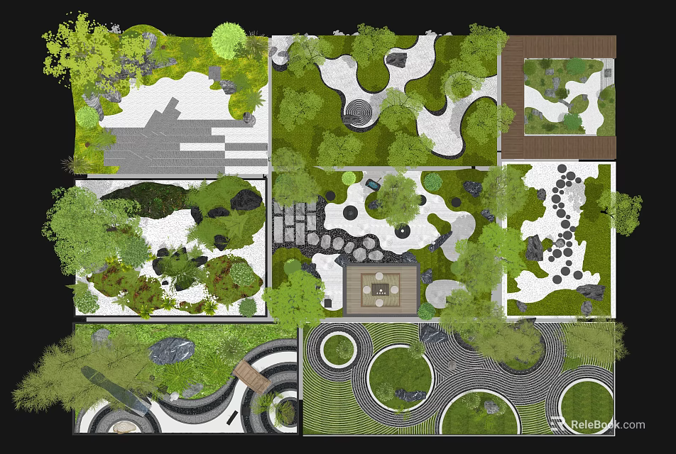 Creative Garden Ornament Design With Various Layouts Stone Paths And Green Plants 3d model 