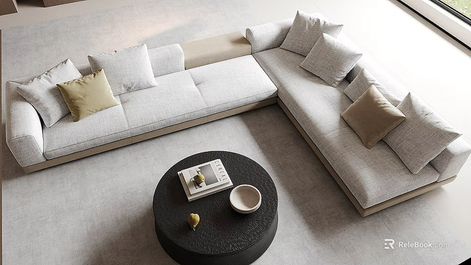 Modern Light Gray L Shaped Sofa with Beige Cushions and Black Coffee Table Set 3d model 
