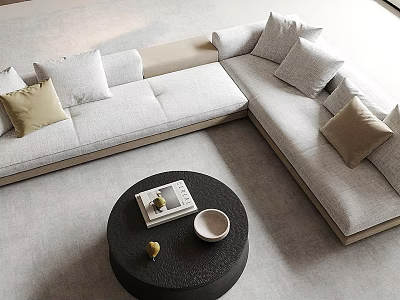 Modern Light Gray L Shaped Sofa with Beige Cushions and Black Coffee Table Set 3d model