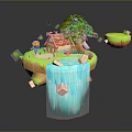 Enchanting Floating Island Landscape with Green Tree Red Roof House Waterfall and Floating Platforms
