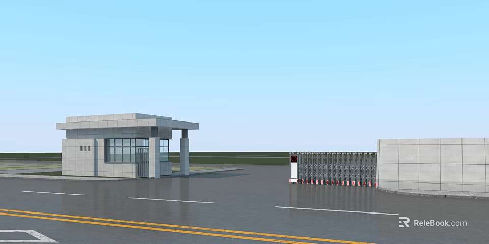 Modern Concrete Entrance Gate With Security Booth And Automatic Retractable Fence 3d model 