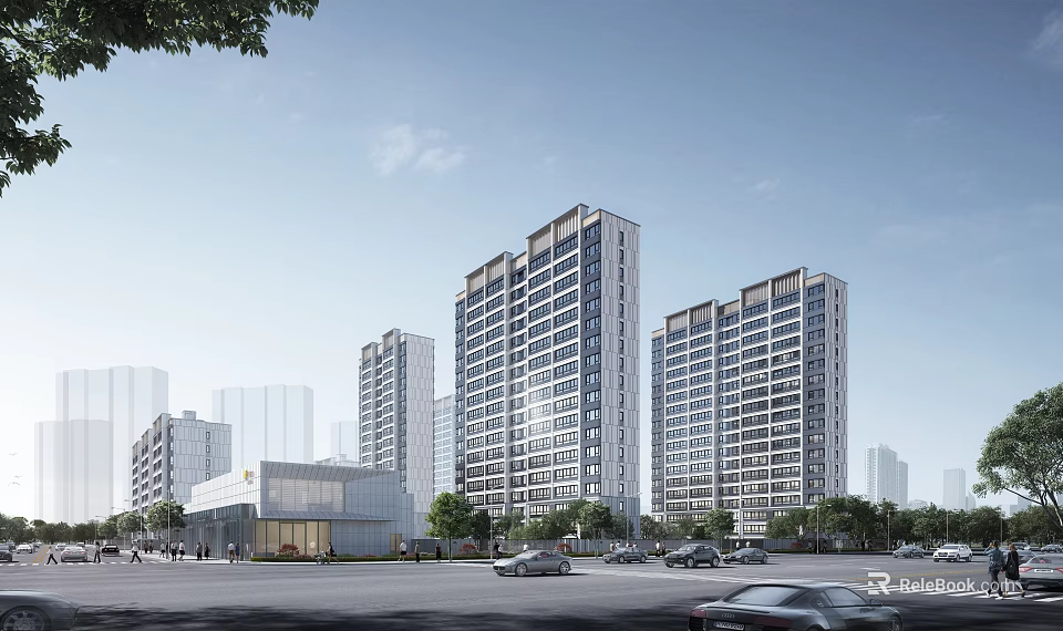 Modern High Rise Residential Buildings Exterior With Street Cars And Greenery 3d model 