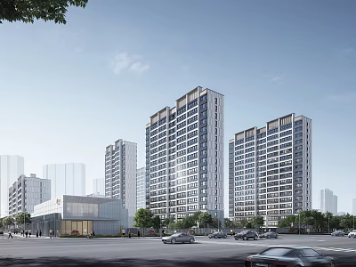 Modern High Rise Residential Buildings Exterior With Street Cars And Greenery 3d model