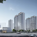 Modern High Rise Residential Buildings Exterior With Street Cars And Greenery
