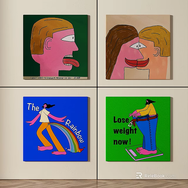 Abstract Paintings Featuring Figurative Characters Rainbow and Lose Weight Now Text 3d model