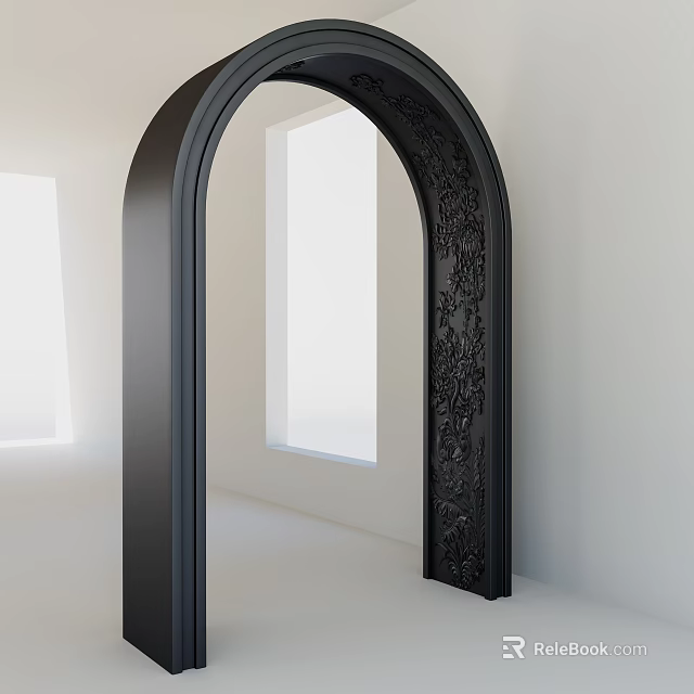 Black Archway Featuring Intricate Carved Patterns In White Interior With Window 3d model 