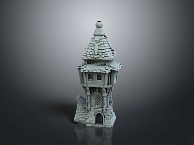 Medieval Stone Tower Architecture With Pointed Roof Windows And Decorative Door 3d model