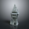 Medieval Stone Tower Architecture With Pointed Roof Windows And Decorative Door