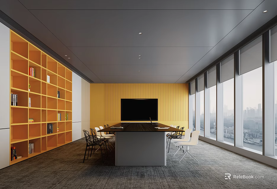 Modern Conference Room Interior With Yellow Wall Large Windows Bookshelves Long Table Chairs And TV 3d model 