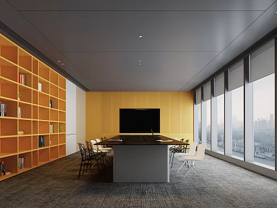 Modern Conference Room Interior With Yellow Wall Large Windows Bookshelves Long Table Chairs And TV 3d model